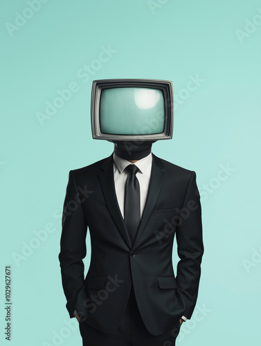 Businessman with TV Head in a Black Suit Against a Light Blue Background, Representing Media Influence photo