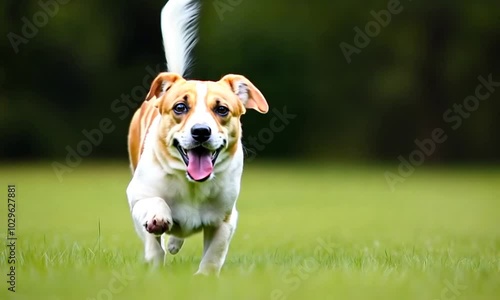 Energetic Dog Running on Grass with Tongue Out photo