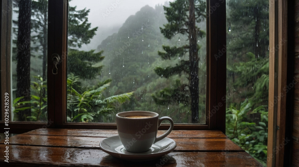 a cosy cabin window scene on a rainy day