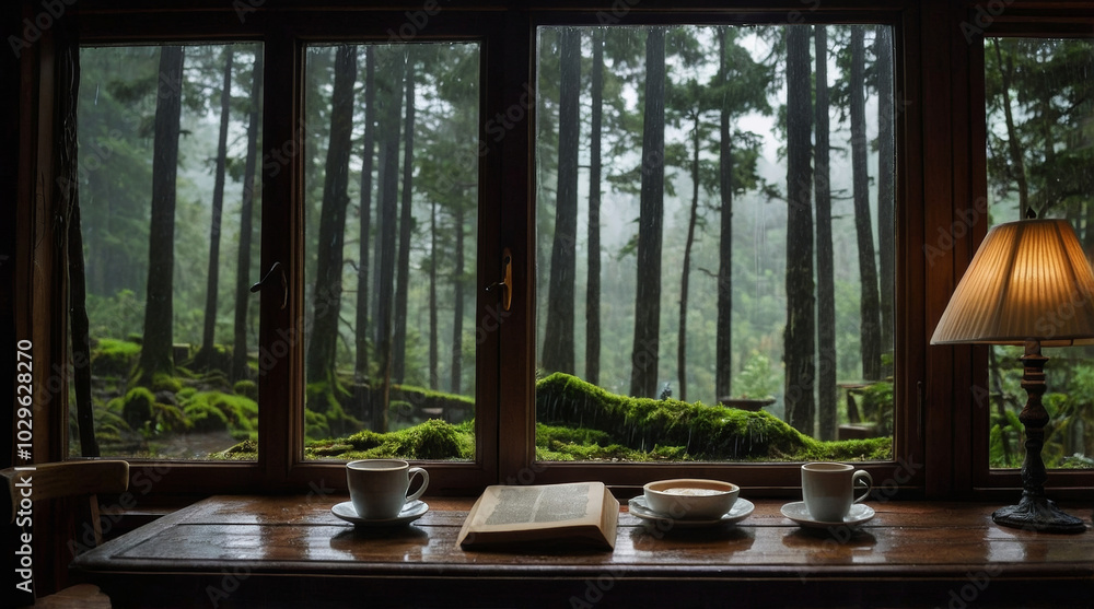 Fototapeta premium a cosy cabin window scene on a rainy day