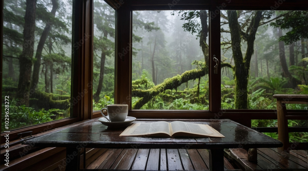 a cosy cabin window scene on a rainy day a cosy cabin window scene on a rainy day