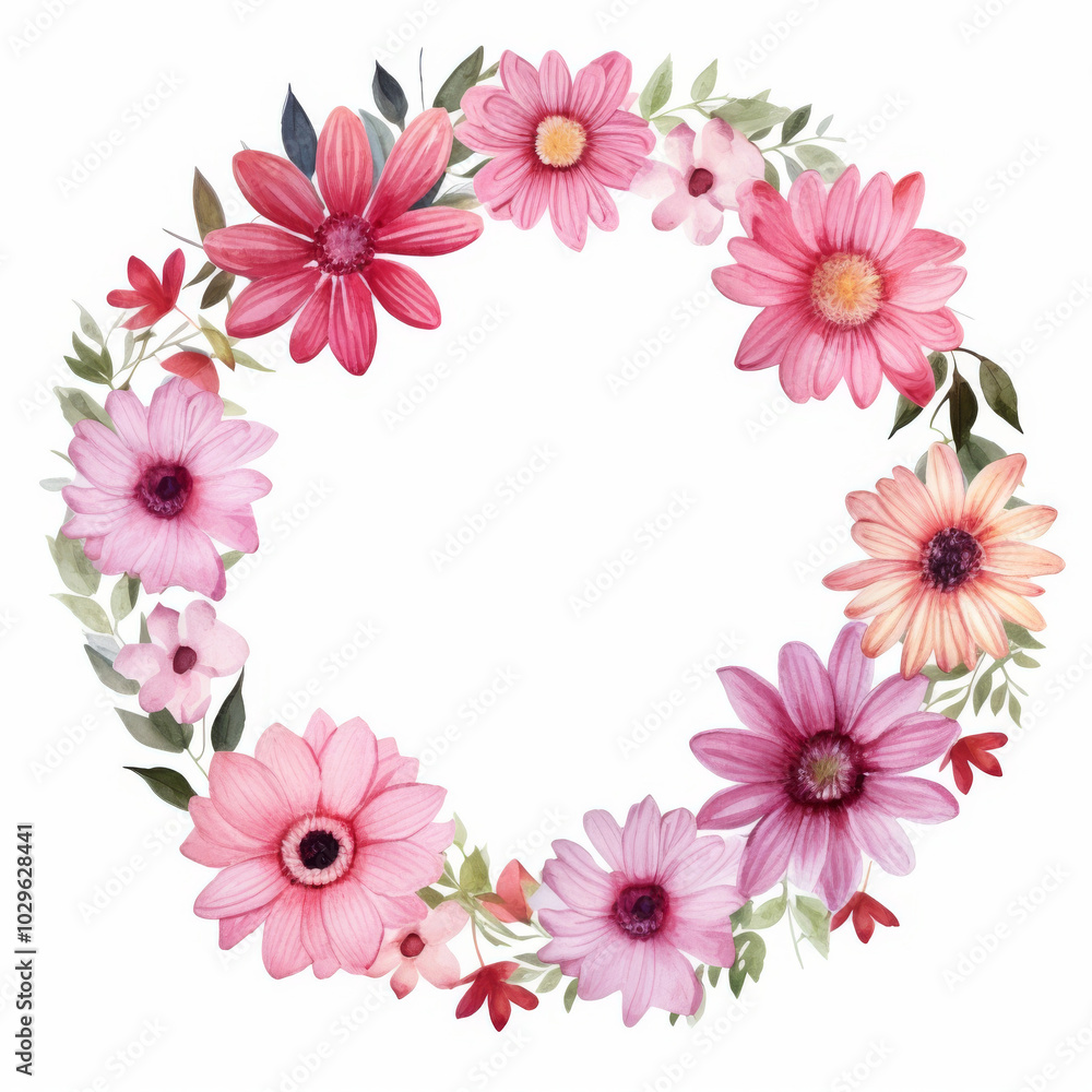 Beautiful Floral Wreath Illustration with Pink and Red Flowers - Ideal for Weddings, Invitations, and Spring Designs Beautiful Floral Wreath Illustration with Pink and Red Flowers - Ideal for Weddings, Invitations, and Spring Designs
