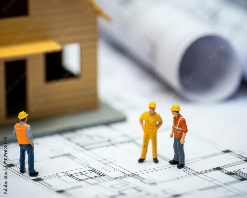 Toy workers are doing construction work on the site, house under construction on blueprints building project. Toy workers are doing construction work on the site, house under construction on blueprints building project.