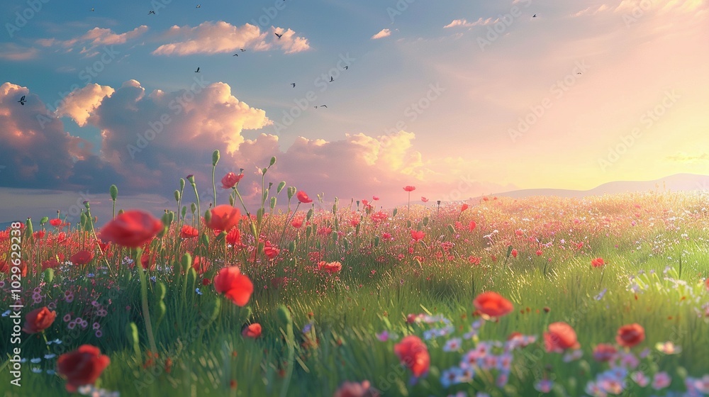 Fototapeta premium A Field of Red Poppies Under a Sunset Sky