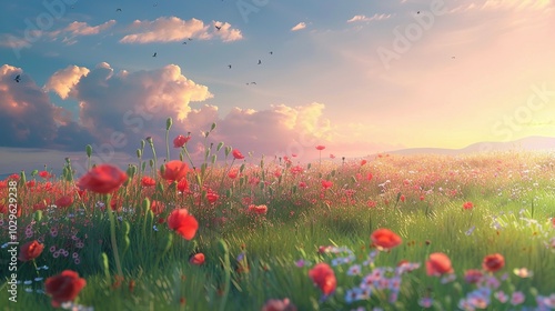 A Field of Red Poppies Under a Sunset Sky