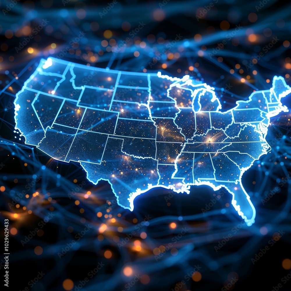 A vivid representation of the United States map is displayed with bright, glowing lines and star-like points, illustrating connectivity and a nighttime digital landscape. A vivid representation of the United States map is displayed with bright, glowing lines and star-like points, illustrating connectivity and a nighttime digital landscape.