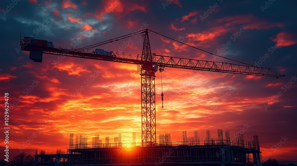 Silhouette of a construction site at sunset, crane and building shaping the skyline, industry development project with modern architecture Silhouette of a construction site at sunset, crane and building shaping the skyline, industry development project with modern architecture