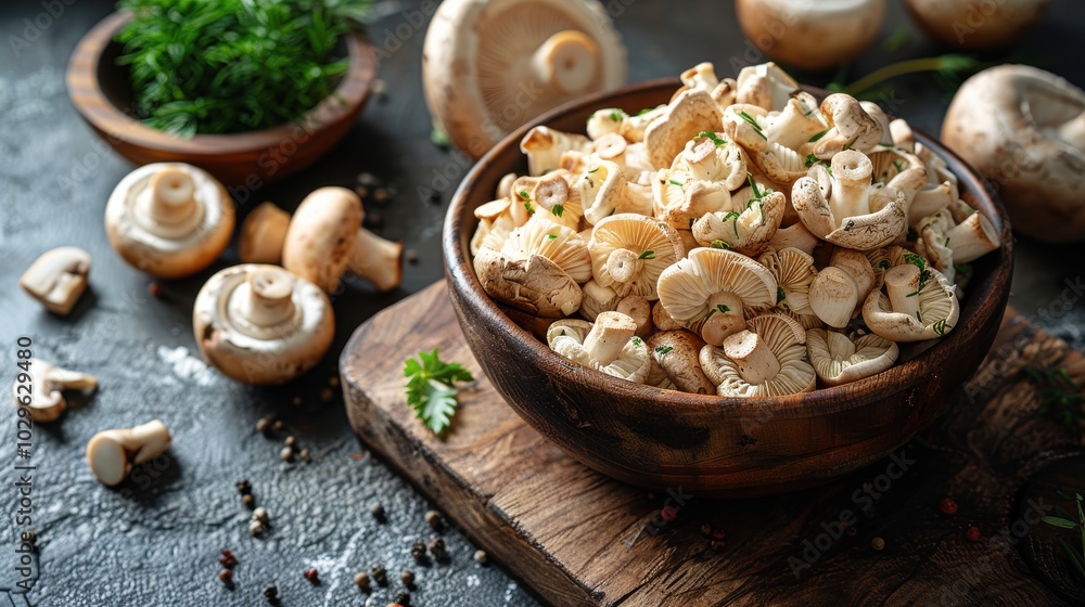 A wooden bowl filled with fresh mushrooms, surrounded by herbs and spices on a rustic surface. A wooden bowl filled with fresh mushrooms, surrounded by herbs and spices on a rustic surface.