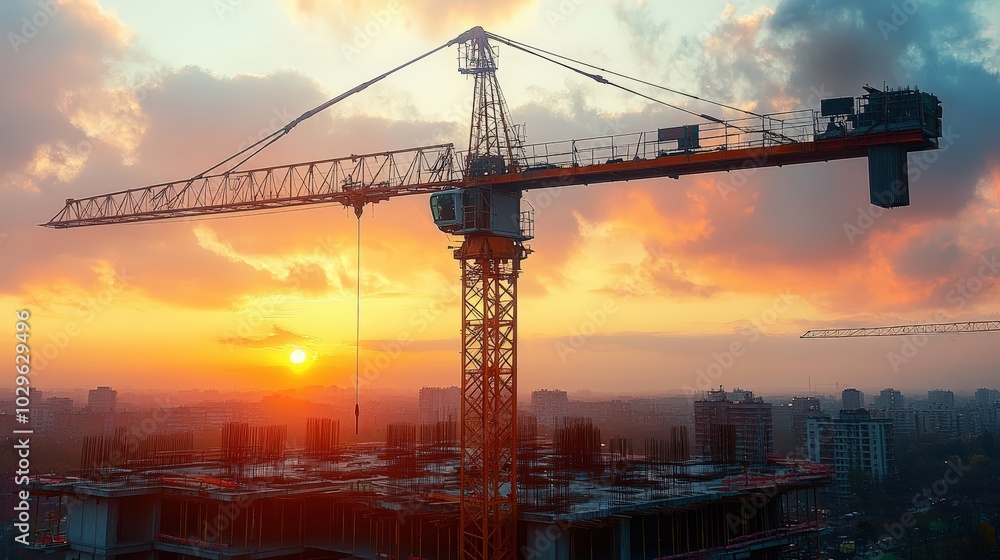 Silhouette of a construction site at sunset, crane and building shaping the skyline, industry development project with modern architecture Silhouette of a construction site at sunset, crane and building shaping the skyline, industry development project with modern architecture