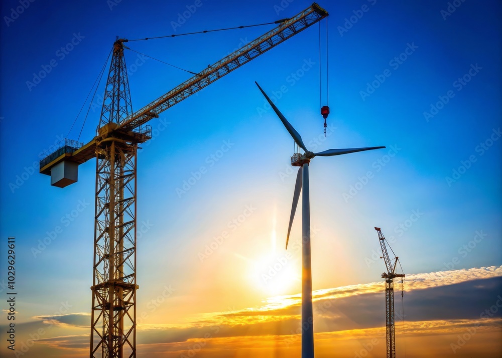 A crane operates efficiently at a wind power plant construction site, highlighting the importance of sustainable energy and the progress towards renewable resources. A crane operates efficiently at a wind power plant construction site, highlighting the importance of sustainable energy and the progress towards renewable resources.