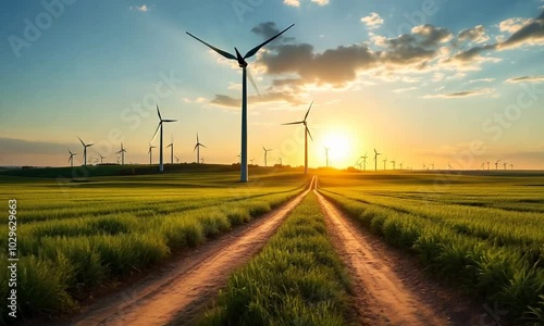Wind turbines in a green field at sunset with dirt road