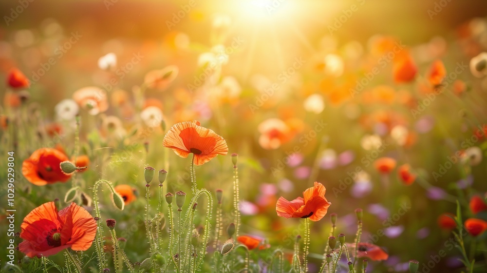 Red Poppy in a Field of Wildflowers with Sunlit Background Red Poppy in a Field of Wildflowers with Sunlit Background