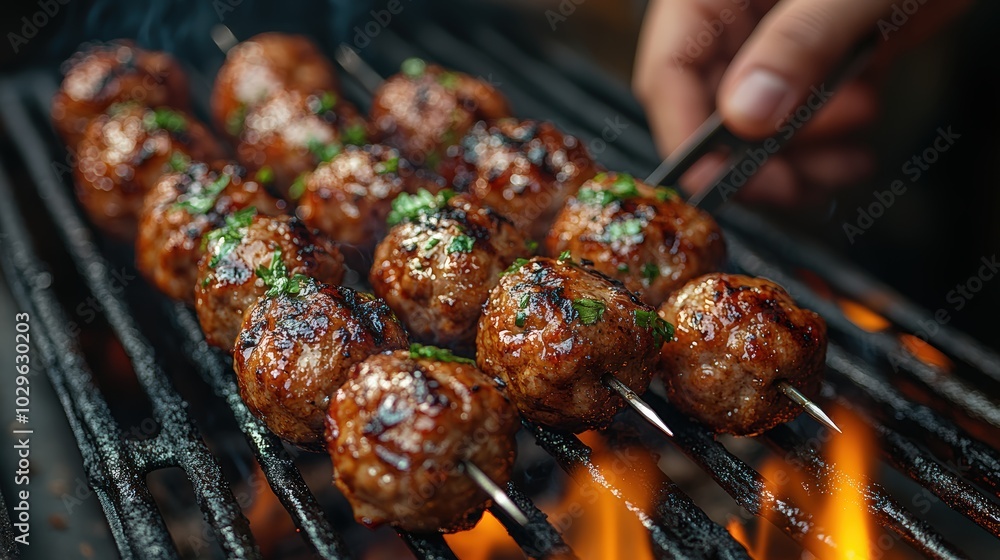 kebabs on the grill, a man's hand with tongs cooking meatballs in the close-up on the fire kebabs on the grill, a man's hand with tongs cooking meatballs in the close-up on the fire