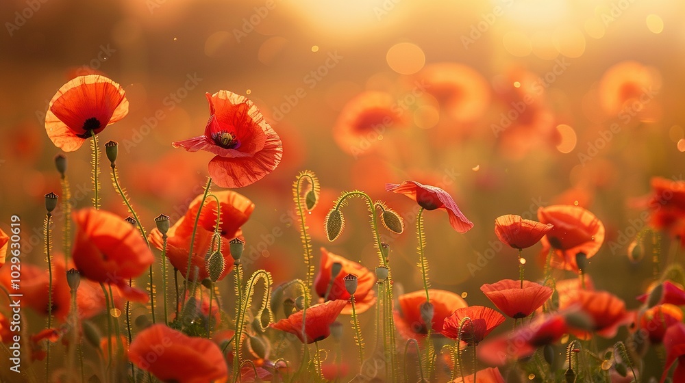 Obraz premium Red Poppy Flowers in a Field at Sunset