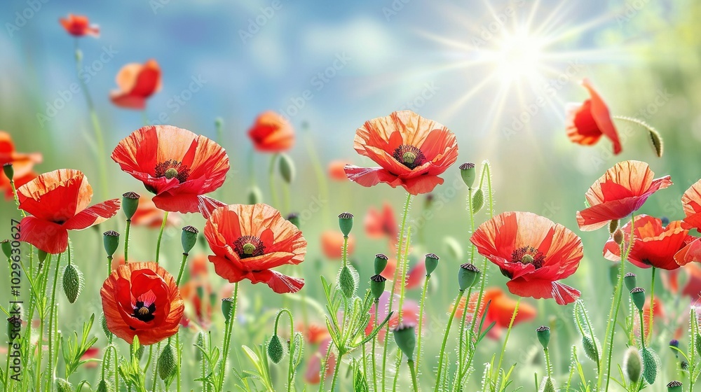 Fototapeta premium Vibrant Red Poppies Blooming in a Sunny Field