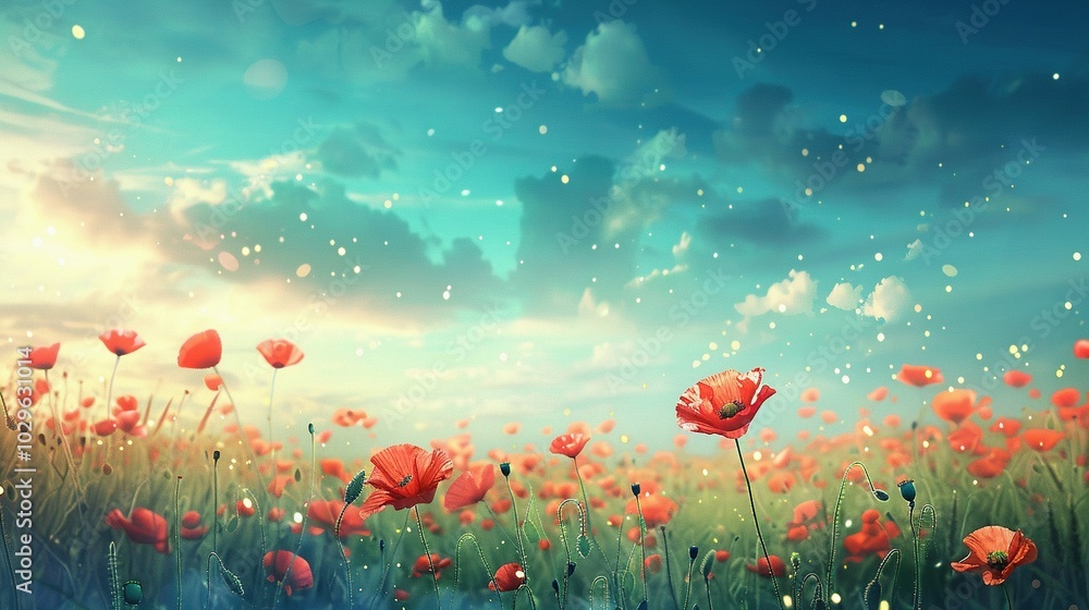 Fototapeta premium A Field of Poppies Under a Blue Sky with White Clouds and Golden Specks