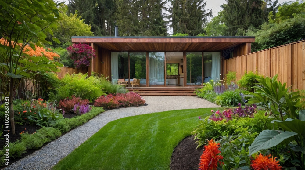a lush, well-maintained backyard garden with a vibrant green lawn as the central focus a lush, well-maintained backyard garden with a vibrant green lawn as the central focus