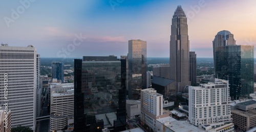 Downtown Charlotte city skyline of skyscrapers at sunrise, Charlotte, North Carolina, United States.