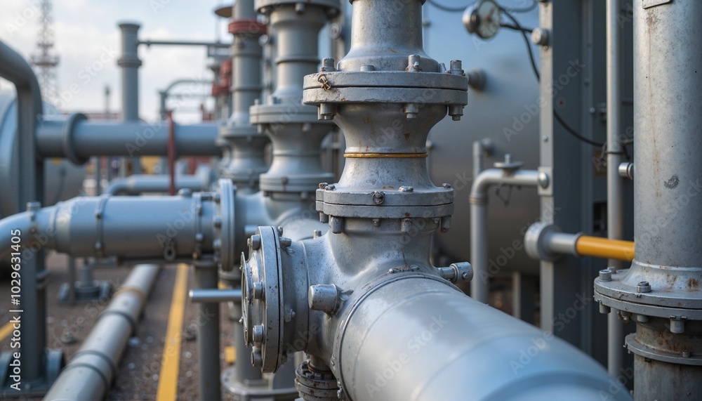 Industrial pipeline valves and gauges in metallic tones representing engineering complexity. Desalination plant. Industrial pipeline valves and gauges in metallic tones representing engineering complexity. Desalination plant.