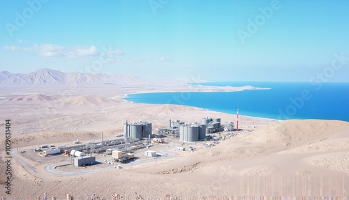 Coastal industrial facility with storage tanks against desert and sea landscape. Desalination plant