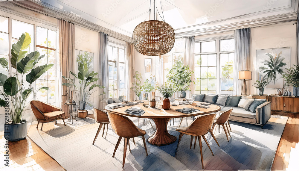 Obraz premium Warm-toned sketch of a cozy dining area with natural light