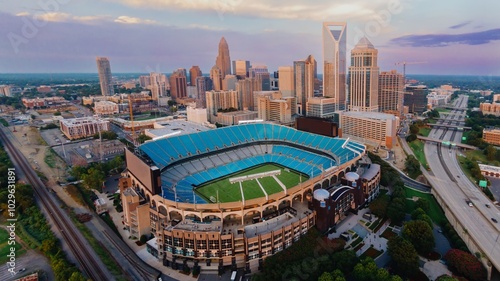 Tableau sur toile Bank of America Stadium and downtown city skyline of skyscrapers, Charlotte, North Carolina, United States