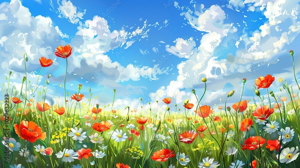 A Vibrant Field of Poppies and Daisies Under a Blue Sky with Fluffy White Clouds A Vibrant Field of Poppies and Daisies Under a Blue Sky with Fluffy White Clouds