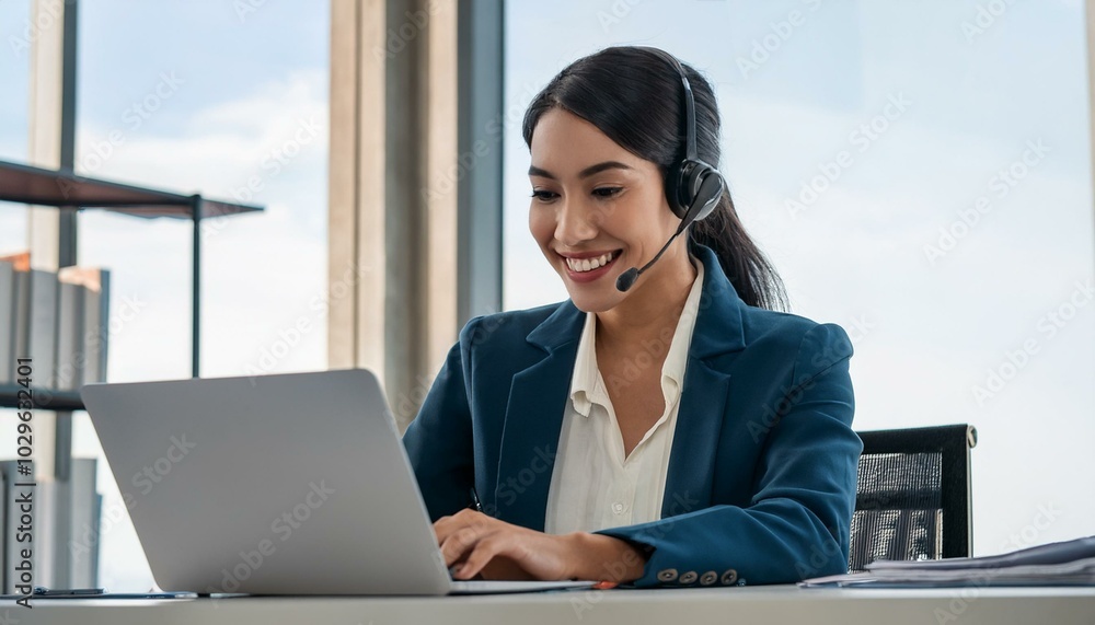 Happy Indian call center agent wearing headset talking to client working in customer support office. Professional contract service telemarketing operator using laptop having conversation. Candid shot Happy Indian call center agent wearing headset talking to client working in customer support office. Professional contract service telemarketing operator using laptop having conversation. Candid shot