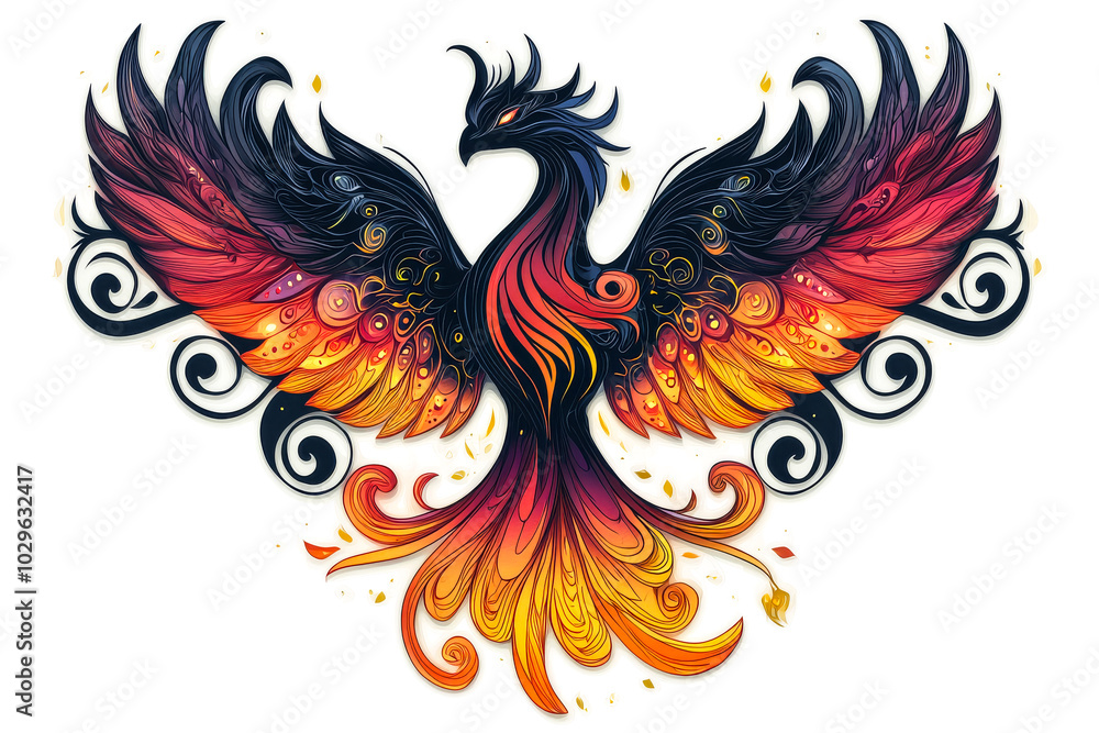 Obraz premium Fiery Phoenix Bird Soaring with Wings Spread Wide