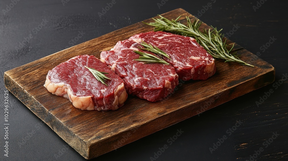 Fresh cuts of meat displayed on a wooden board with rosemary for culinary use. Fresh cuts of meat displayed on a wooden board with rosemary for culinary use.