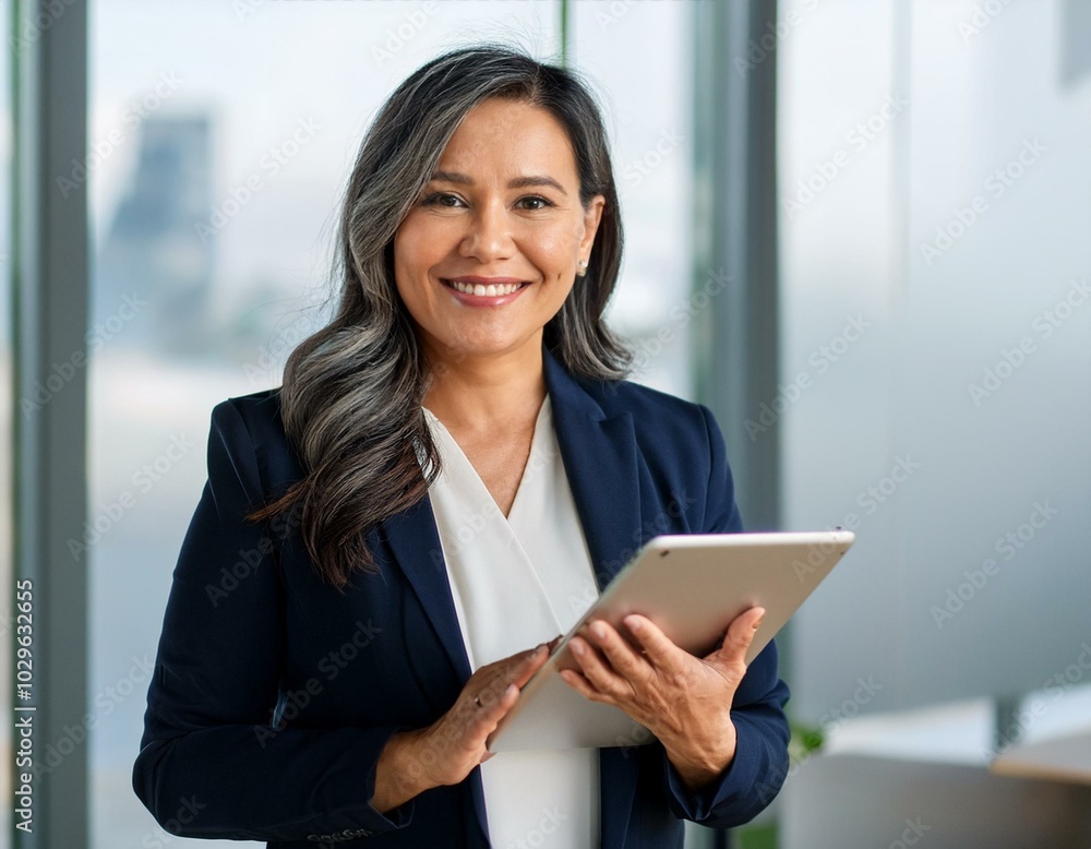 Smiling mature business woman executive, happy middle aged businesswoman entrepreneur, 40 years old company hr holding digital tablet looking at camera standing in office at work. Portrait.