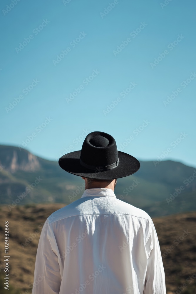 a man in a traditional black hat and white shirt, standing, beautiful view of a mountain landscape a man in a traditional black hat and white shirt, standing, beautiful view of a mountain landscape