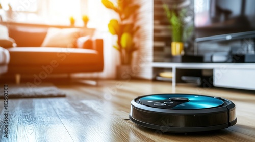 A Black and Blue Robot Vacuum Cleaner on a Wooden Floor