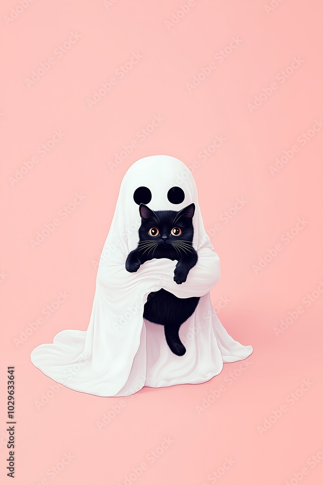 Child Dressed as Ghost Holding Black Cat Child Dressed as Ghost Holding Black Cat