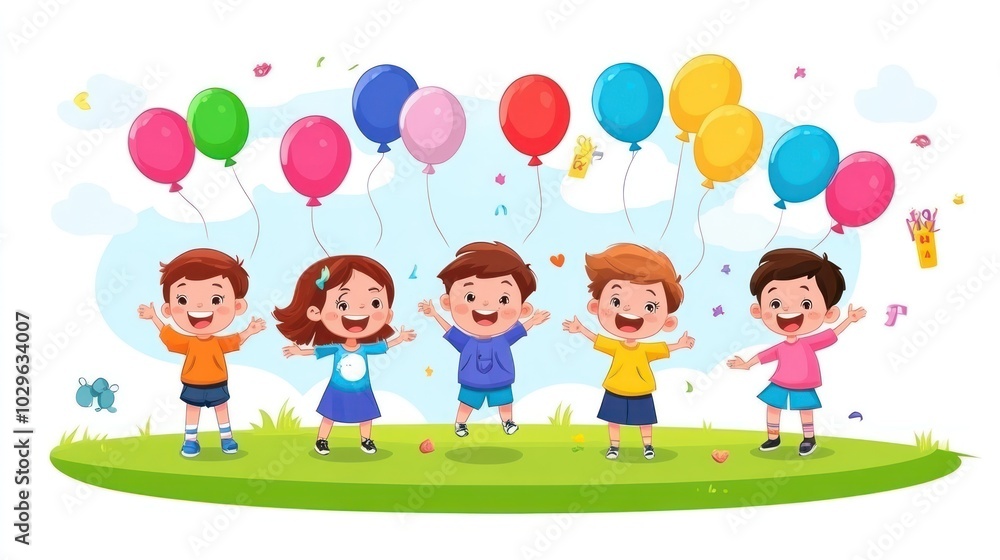 Five Happy Children Playing with Balloons on a Grassy Hill Five Happy Children Playing with Balloons on a Grassy Hill