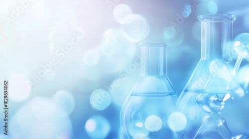 Laboratory glassware set against a soft blue background, suggesting scientific exploration.