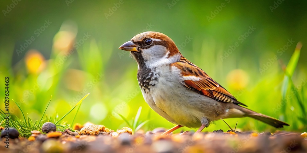 A sparrow patiently waits on the ground, alert and hopeful, searching for food in its natural habitat. Nature's beauty unfolds as wildlife thrives.