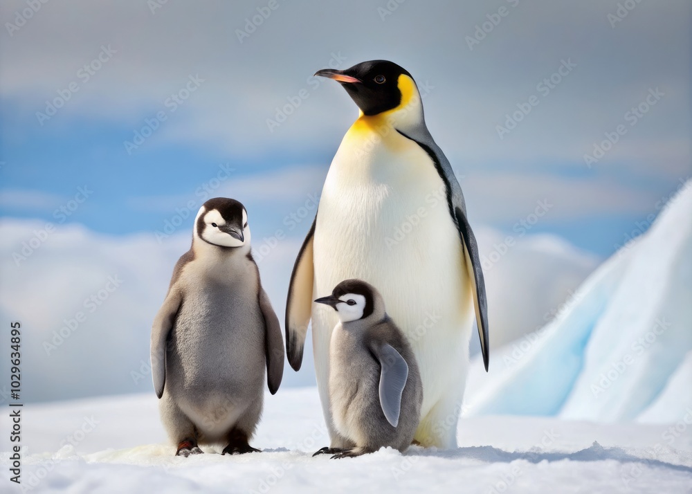 Fototapeta premium A striking minimalist image of adult emperor penguins with their chicks, set against the breathtaking snowy expanse of Antarctica, highlighting the area's tranquil, untouched beauty.