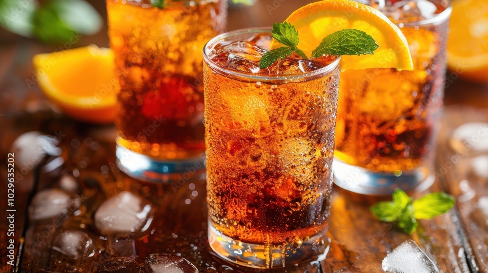 Refreshing fizzy drinks served in glasses with ice and garnished with orange and mint. Refreshing fizzy drinks served in glasses with ice and garnished with orange and mint.