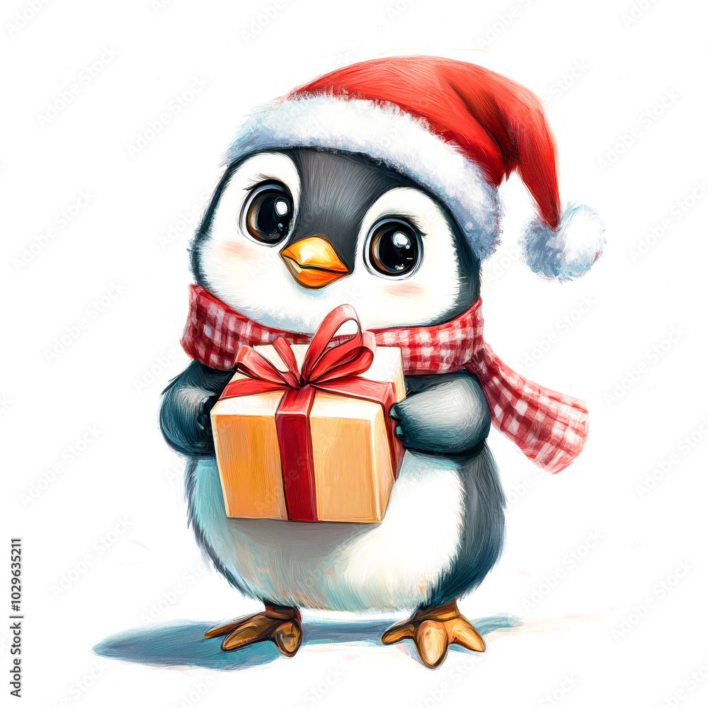 Penguin Holding a Gift, Cartoon Sticker Penguin Holding a Gift, Cartoon Sticker