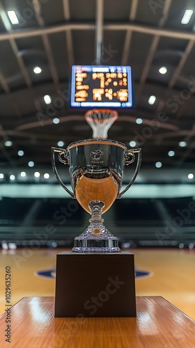 Silver Basketball Trophy on Podium in Arena. photo