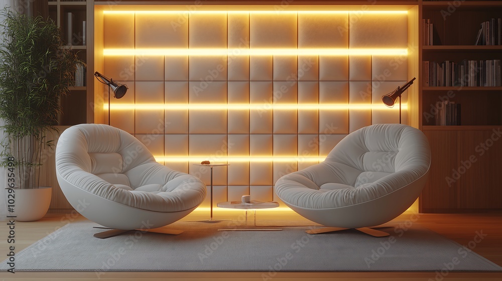 Modern Lounge Setup with Cozy Chairs and Microphone Modern Lounge Setup with Cozy Chairs and Microphone