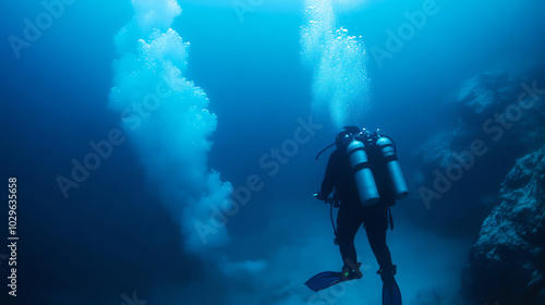 Wallpaper Mural A diver exploring the underwater world, surrounded by vibrant marine life amid bubbles rising in deep blue ocean waters. Torontodigital.ca