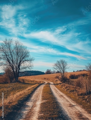 Rural Country Road with Blue Skies