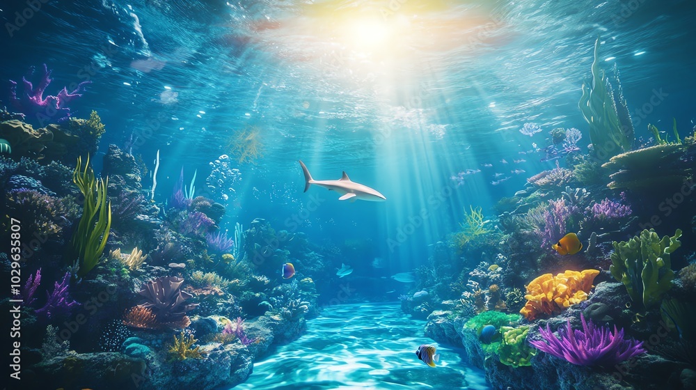 Shark swimming through a coral reef Shark swimming through a coral reef