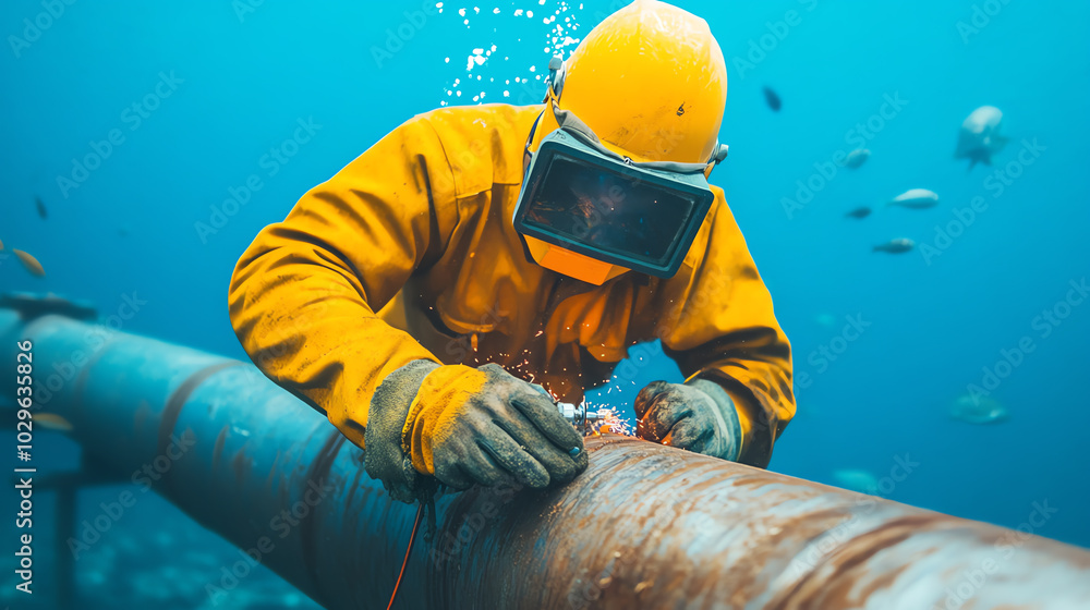 A diver in a yellow wetsuit repairs underwater piping, surrounded by bubbles and marine life, showcasing the intricate work of underwater welding. A diver in a yellow wetsuit repairs underwater piping, surrounded by bubbles and marine life, showcasing the intricate work of underwater welding.