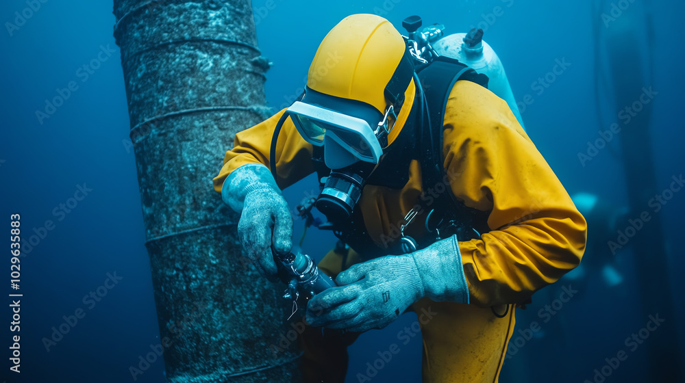 Fototapeta premium A diver in an orange suit explores an underwater structure, showcasing the intricate work of underwater technology and marine exploration in a deep blue ocean environment.