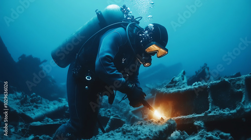 Wallpaper Mural A diver uses a cutting tool to work on a submerged wreck, surrounded by blue water and marine life, showcasing the challenges of underwater exploration and marine archaeology. Torontodigital.ca