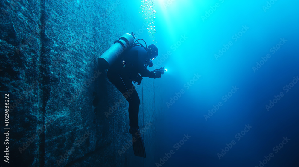 A scuba diver explores an underwater environment, illuminated by a flashlight. The deep blue water creates an ethereal atmosphere, showcasing the beauty of marine exploration. A scuba diver explores an underwater environment, illuminated by a flashlight. The deep blue water creates an ethereal atmosphere, showcasing the beauty of marine exploration.