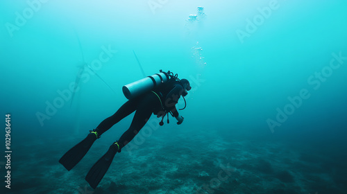 A scuba diver exploring the deep blue ocean, surrounded by tranquil water and marine life, showcasing the beauty and serenity of underwater adventures.